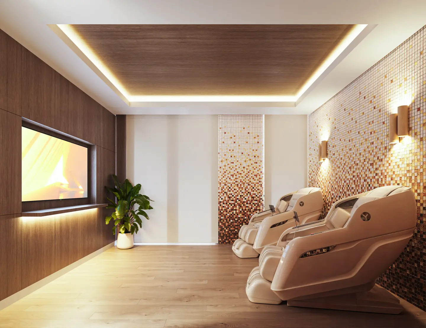 Sala de recuperación de LEV con sillones de masaje y luz cálida