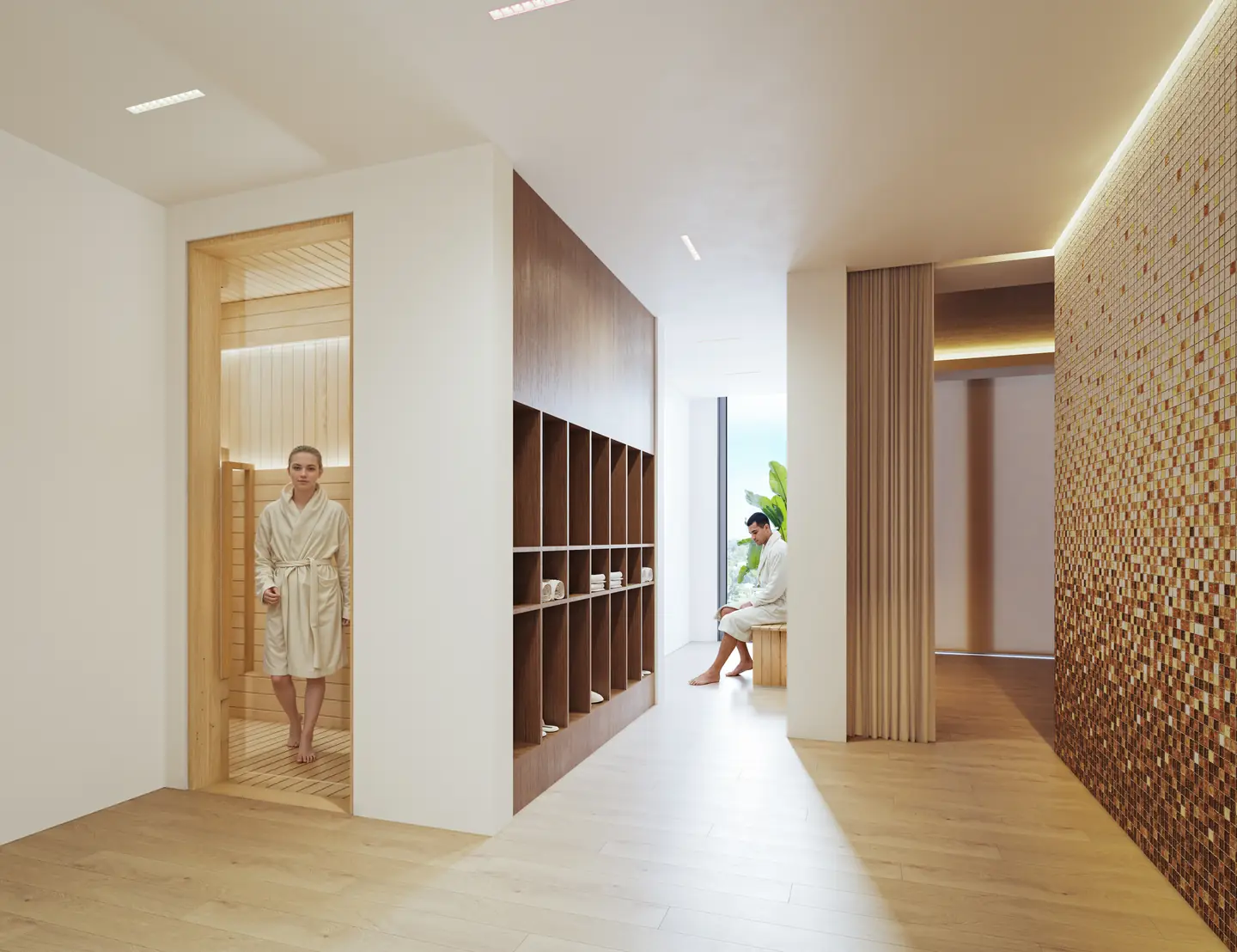 Sala de spa y bienestar de LEV con sauna e interiores serenos